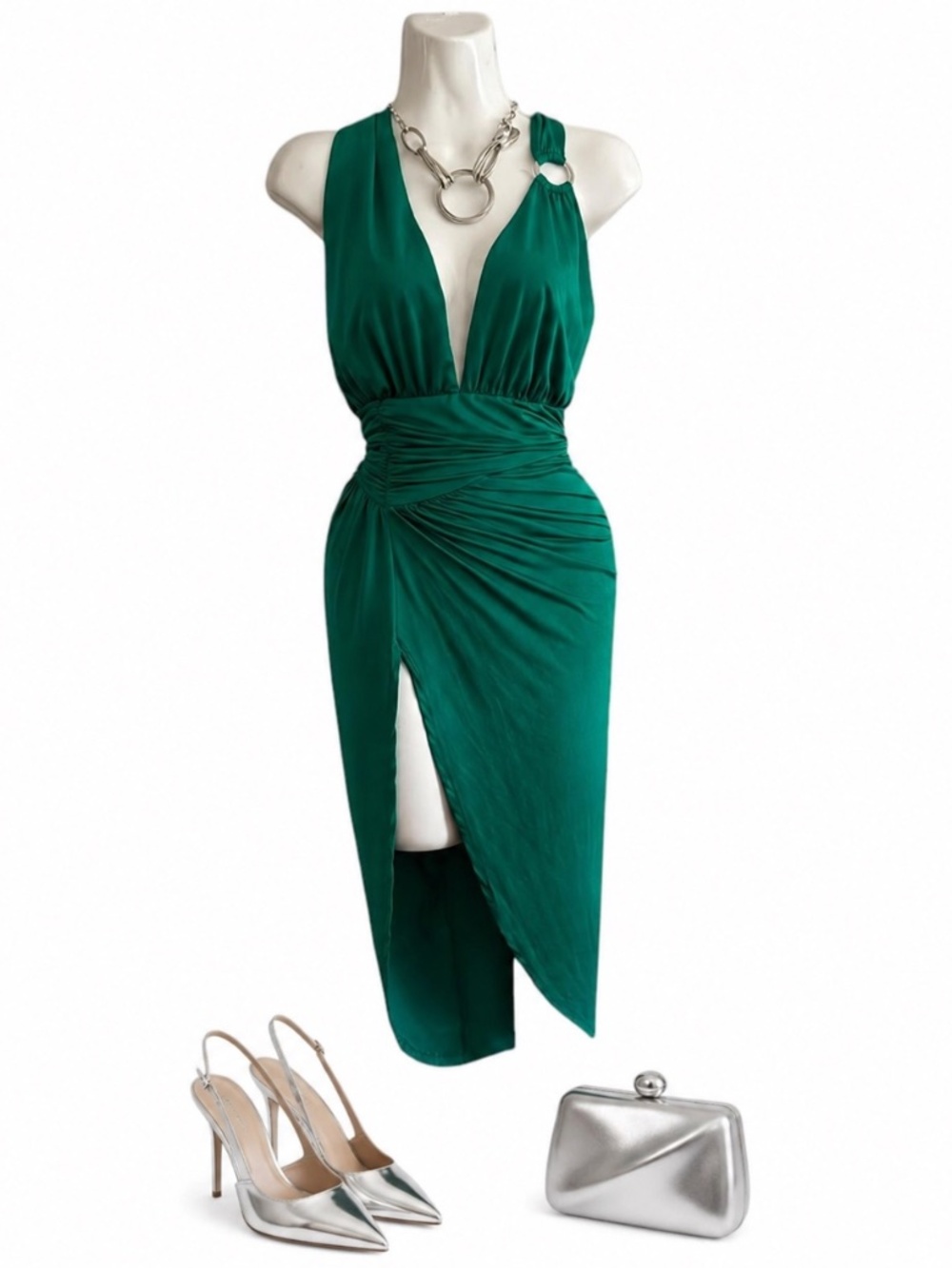 Fashion Nova Emerald Green Ruched Midi Dress Size Small
